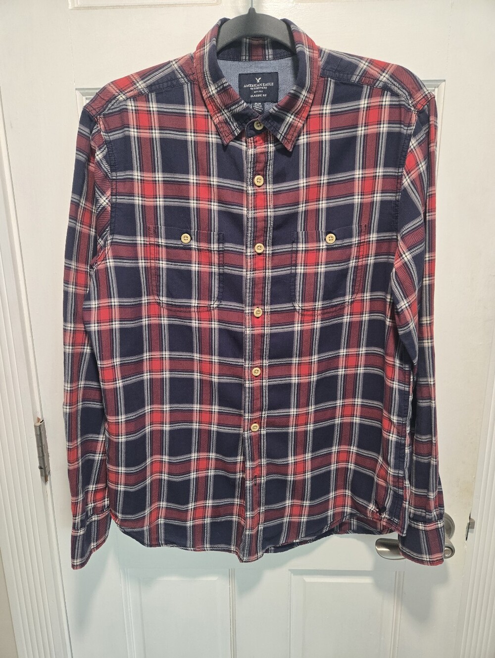 American Eagle Outfitters Red and Navy Plaid Button-Down Shirt